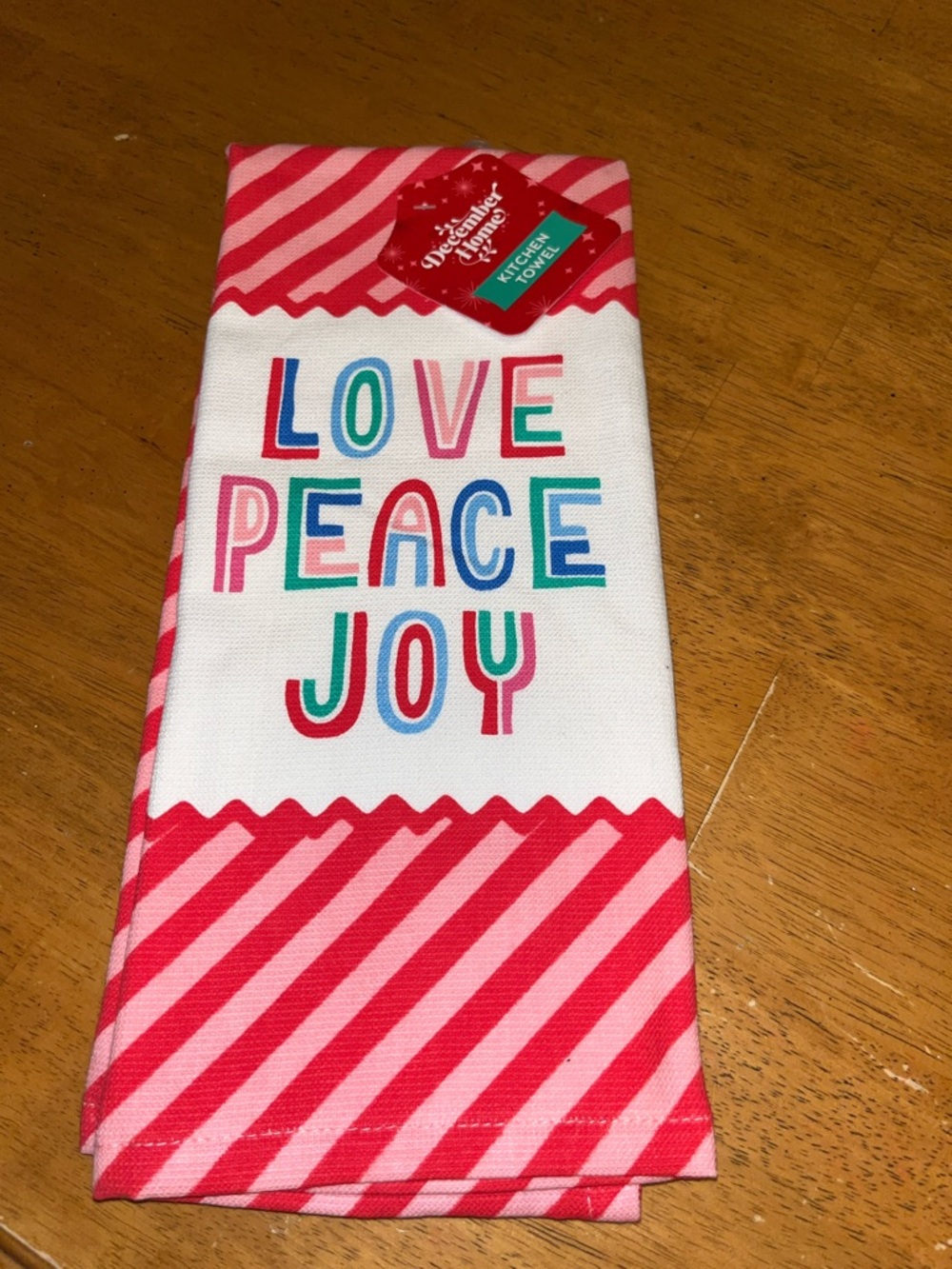 December Home Love Peace Joy Striped Pink Red Stripe 100% Cotton Kitchen Towel